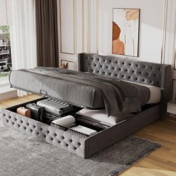 Lit coffre adulte 180 x 200 cm avec sommier - Coffre de rangement - Tissu en flanelle - Tête de lit