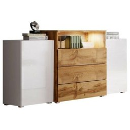 Commode Sarasota 127, Blanc + Blanc brillant + Chêne wotan, Avec tiroirs et portes, 81x150x39cm