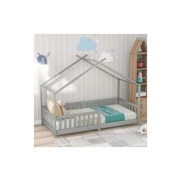 Lit cabane pour enfant, bois massif avec clôture et sommier à lattes, pour chambres d'enfants, gris