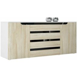 Vladon Buffet Commode Dressoir Crédence Sylt en Blanc - haute brillance & tons naturels - Chêne