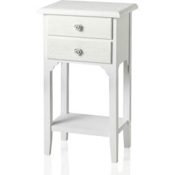 Table de nuit Blanche de style shabby chic avec deux tiroirs et une étagère décorée de boutons de