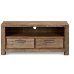 Alana Meuble tv avec 2 tiroirs et un plateau, en bois d'acacia teinté brun. Livrée entièrement