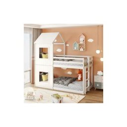 Lit cabane enfant lit superposé 90 x 200cm, du sol au plafond, avec échelle & baldaquin(blanc)