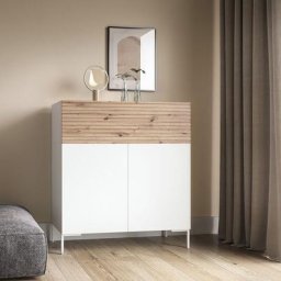 Selsey - lammelo - Commode de 92 cm de haut - blanc/lattes de chêne