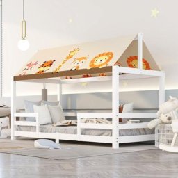Grosmonde - Lit cabane 90x200 cm Lit d'enfant avec Protection Anti-chute et Toile de Tente, Sommier