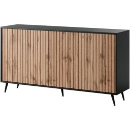 Selsey - Bello - Buffet avec façades à lamelles - 154 cm - noir / chêne wotan