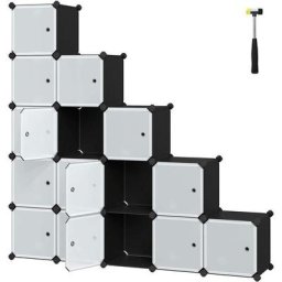Meuble de Rangement Modulable, 16 Compartiments, Étagère en Plastique, avec Portes, pour Vêtements,
