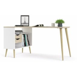 Ebuy24 - Napoli Bureau d'angle avec 2 tiroirs et 3 espaces de rangement ouverts, en blanc et