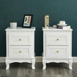 Lot de 2 Tables de Chevet avec 2 Tiroirs, 38,5 x 30,5 x 52,5 cm, Style Baroque, MDF, Blanc - Blanc