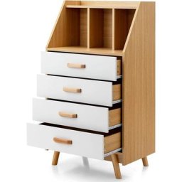 Commode à 4 Tiroirs avec Étagère 3 Compartiments, Commode Chambre Rangement à 4 Pieds en Bois