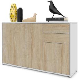 Vladon - Commode Armoire Dressoir Crédence Ben V3 Blanc mat - haute brillance - Façades en Chêne