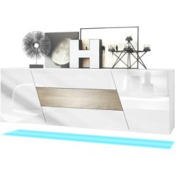 Buffet Commode Dressoir Crédence Houston pendaison Blanc mat - haute brillance - Chêne Ribbeck avec