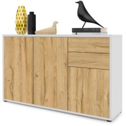 Vladon - Commode Armoire Dressoir Crédence Ben V3 Blanc mat - haute brillance - Façades en Chêne