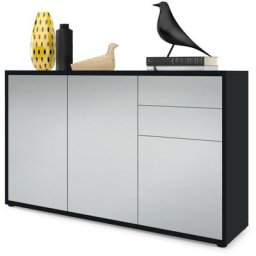 Commode Armoire Dressoir Crédence Ben V3 Noir mat - haute brillance - Façades en Gris clair satiné