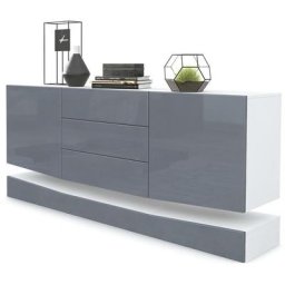 Buffet Commode Dressoir Crédence City en Blanc - haute brillance & tons naturels - Façades en Gris