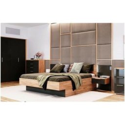 LIT LUNA avec chevets suspendu 160x200 cm Lave mat et chêne clair