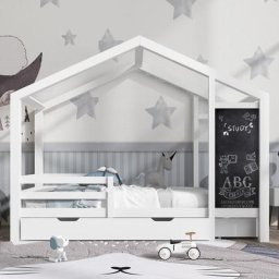 Merax - Lit Cabane Enfant 90 x 200 cm, Lit en Bois Massif avec 2 Grand Tiroirs, Sommier à Lattes et