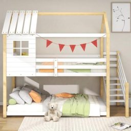 Lit cabane enfant 90x200cm - avec escalier d'angle, fenêtres, sommier à lattes en pin, clôture,