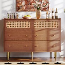 LBF - Commode 6 tiroirs - buffet en rotin avec pieds en métal pour salon chambre noyer - 120 x 40 x