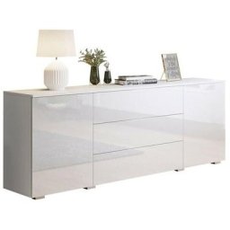 Commode Sarasota 129, Blanc + Blanc brillant, Avec tiroirs et portes, 68x150x39cm - Blanc + Blanc