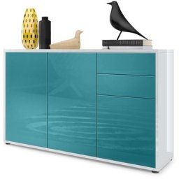 Commode Armoire Dressoir Crédence Ben V3 Blanc mat - haute brillance - Façades en Turquoise haute