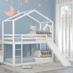 Lit superposé avec toboggan lit cabane enfant cadre de lit convertible en bois massif avec sommier