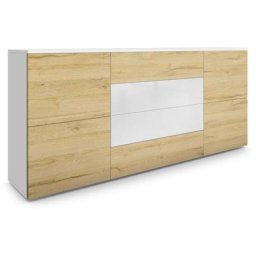 Buffet Commode Dressoir Crédence Rova en Blanc - haute brillance & tons naturels - Chêne Nature/