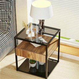 Table de Chevet avec Tiroir Table d'Appoint Dessus en Verre Trempé Table de Nuit avec Étagère