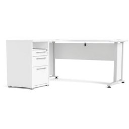 Prisme Bureau d'angle avec 1 tablette de rangement et 3 tiroirs, blanc, blanc