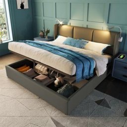 Lit Coffre de rangement - Lit adulte en Lin + Lampe de Lecture avec fonction de Chargement usb +