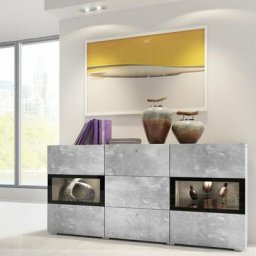 Buffet 2 portes et 3 tiroirs collection ramos. Éclairage led intégré. Coloris gris effet béton et