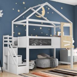 Lit cabane enfant 200x90 cm Lit de maison, lit d'enfant, avec escalier et fenêtre, avec sommier à