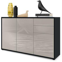 Commode Armoire Dressoir Crédence Ben V3 Noir mat - haute brillance - Façades en Gris sable haute