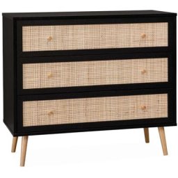 Alice's Garden - Commode en décor bois noir et cannage 90x39x79cm - Bohème - 3 tiroirs - Noir