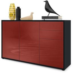 Commode Armoire Dressoir Crédence Ben V3 Noir mat - haute brillance - Façades en Bordeaux haute