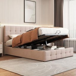 Lit coffre double 140 x 200 cm en velours beige avec espace de rangement, Tête de lit réglable,