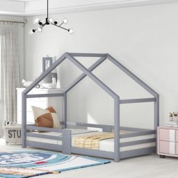 Lit cabane enfant 90 x 200 cm - Bois pin massif avec sommier et séparateur - Gris
