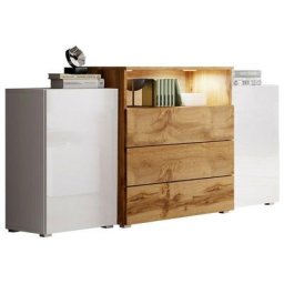 Commode Sarasota 127, Blanc + Blanc brillant + Chêne wotan, Avec tiroirs et portes, 81x150x39cm,