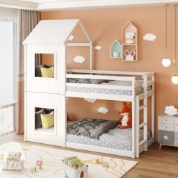 Merax - Lit superposé enfant 90 x 200 cm avec échelle et toit, Lit cabane avec sommier, Cadre de