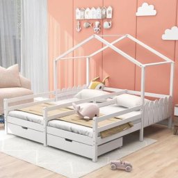 Lit cabane enfant 200 x 90 cm - couchage 2 enfants, avec 2 tiroirs, sommier à lattes de pin, lit