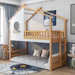 Merax - Lit cabane 200x90cm lit superposé avec échelle 2 étagères, Lit enfant avec protection
