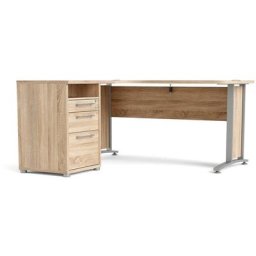 Prisme Bureau d'angle avec 1 tablette de rangement et 3 tiroirs finition chêne.