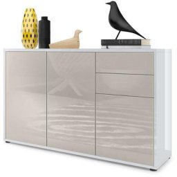 Commode Armoire Dressoir Crédence Ben V3 Blanc mat - haute brillance - Façades en Gris sable haute