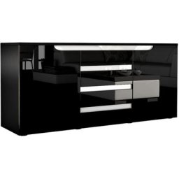 Buffet Commode Dressoir Crédence Sylt en Noir - haute brillance & tons naturels - Noir haute
