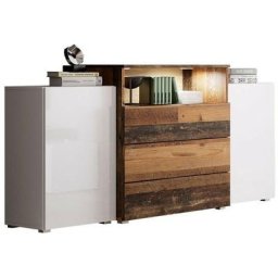 Commode Sarasota 127, Blanc + Blanc brillant + Arbre âgé, Avec tiroirs et portes, 81x150x39cm, led