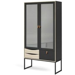 Strive Armoire vitrine 2 portes vitrées, 3 tiroirs, noir mat, finition structure chêne. - Noir