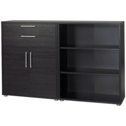 Prisme Armoire de bureau 2 tiroirs, 2 portes et 2 tablettes de rangement. Imitation frêne noir.