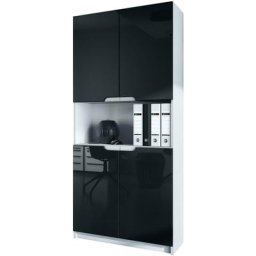 Vladon - Armoire de bureau haute Rangement Logan V2 Blanc mat - haute brillance - Façades en Noir