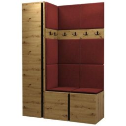 Ensemble entrée Miami 393, Chêne artisanal, 186x124x44cm, Chêne artisanal, Rouge, Tapisserie,