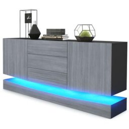 Buffet Commode Dressoir Crédence City en Noir - haute brillance & tons naturels - Façades en